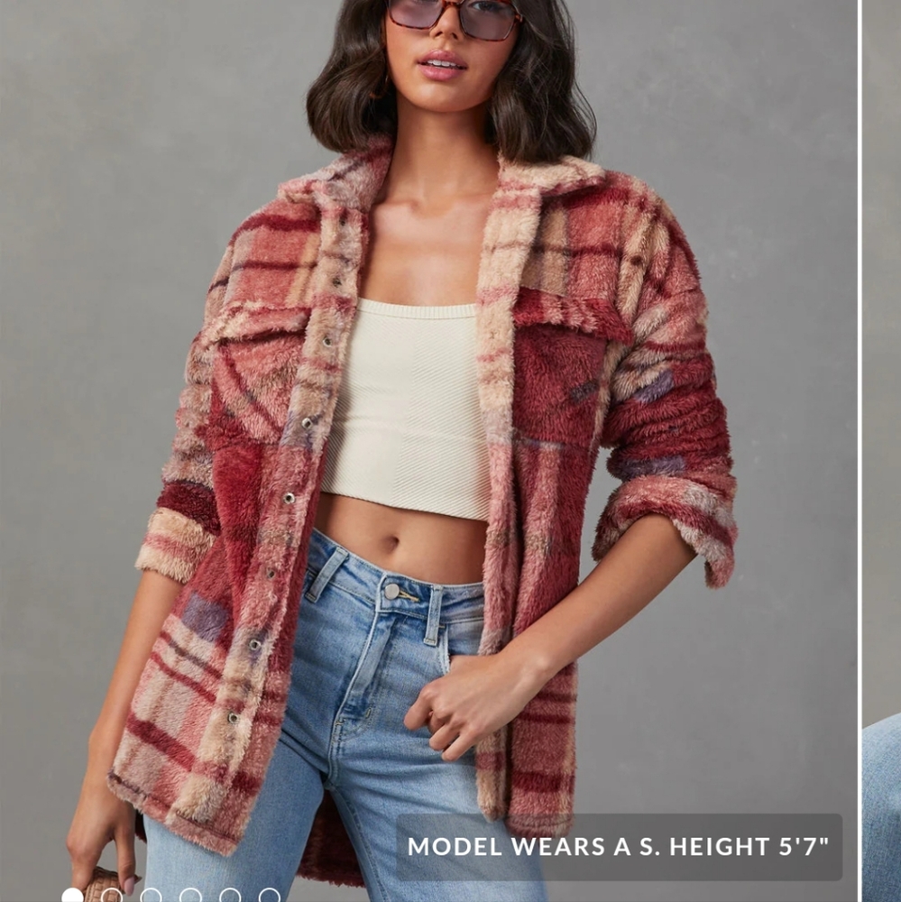 New! Sherpa teddy plaid shacket burgundy wine color with tan